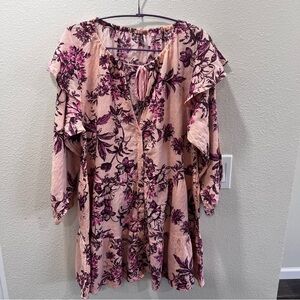 Free People Pink Peach Floral Tunic Boho Cottagecore Mini Dress Size XS Cotton